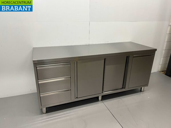 RVS Werkkast Kast Werktafel 2 schuifdeuren en 3 laden en afvalbak 200 cm Horeca - Afbeelding 2