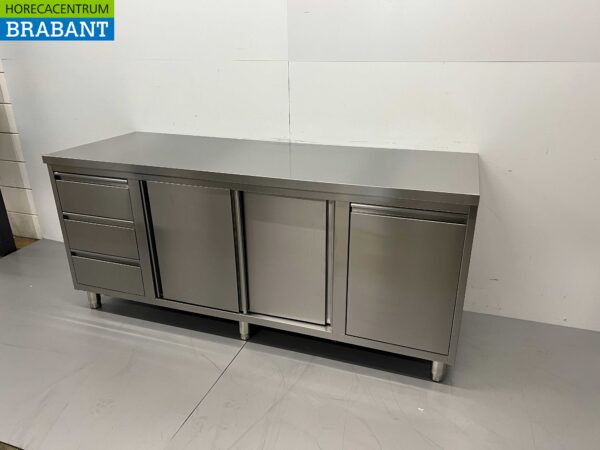 RVS Werkkast Kast Werktafel 2 schuifdeuren en 3 laden en afvalbak 200 cm Horeca - Afbeelding 3
