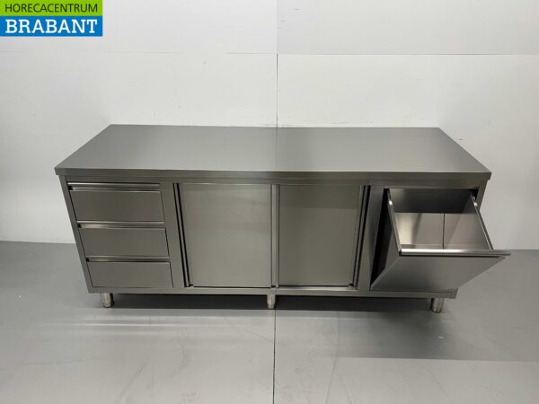 RVS Werkkast Kast Werktafel 2 schuifdeuren en 3 laden en afvalbak 200 cm Horeca - Afbeelding 4