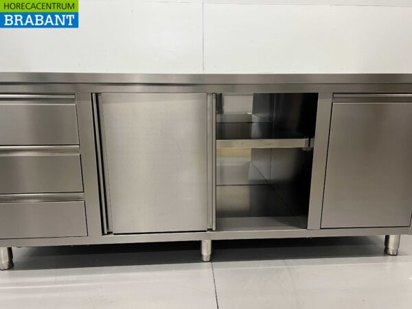 RVS Werkkast Kast Werktafel 2 schuifdeuren en 3 laden en afvalbak 200 cm Horeca - Afbeelding 5