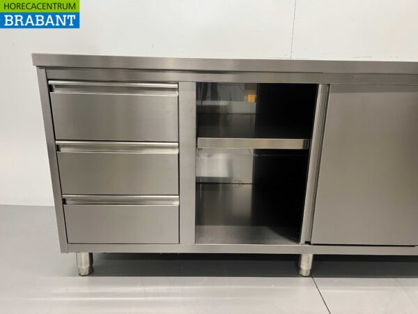 RVS Werkkast Kast Werktafel 2 schuifdeuren en 3 laden en afvalbak 200 cm Horeca - Afbeelding 6