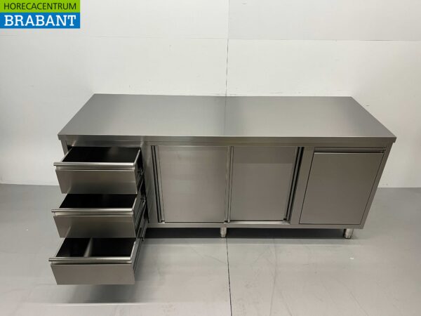 RVS Werkkast Kast Werktafel 2 schuifdeuren en 3 laden en afvalbak 200 cm Horeca - Afbeelding 7