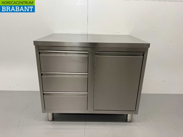 RVS Werkkast Kast Werktafel Afvalbak en 3 laden 100 cm Horeca