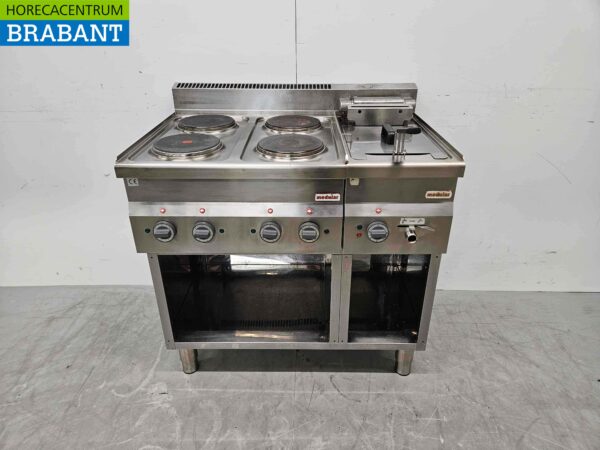 RVS Modular Baklijn 4 pits elektrisch fornuis en friteuse 90 cm 400V Horeca
