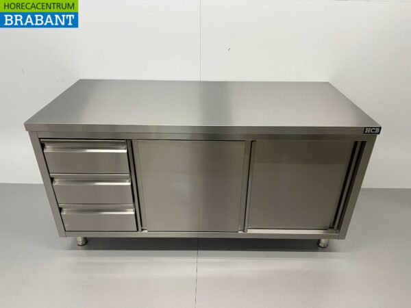 RVS Werkkast Kast Werktafel Premium-line 2 schuifdeuren en 3 laden 160 cm Horeca