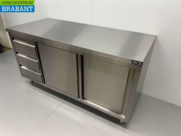 RVS Werkkast Kast Werktafel Premium-line 2 schuifdeuren en 3 laden 160 cm Horeca - Afbeelding 3