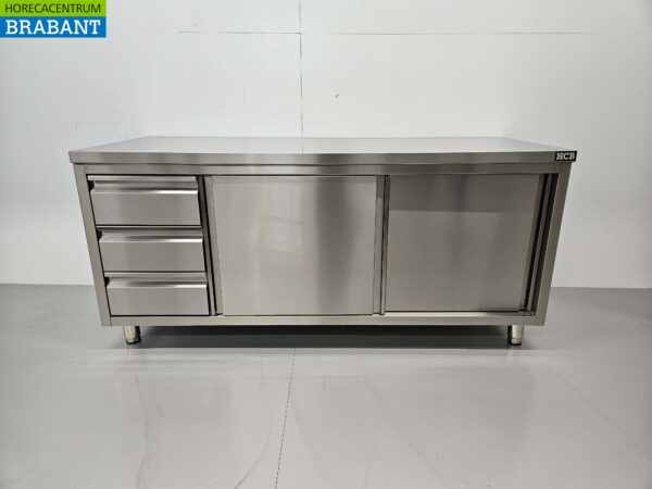RVS Werkkast Kast Werktafel Premium-line 2 schuifdeuren en 3 laden 180 cm Horeca