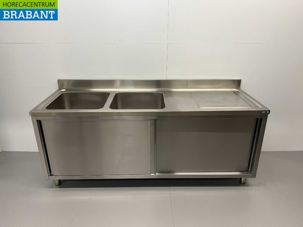 RVS Spoeltafel dubbele spoelbakken 2 schuifdeuren Premium-line 200 cm Horeca