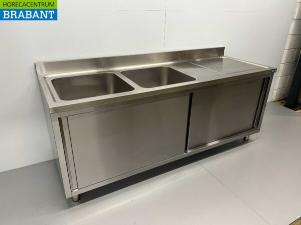 RVS Spoeltafel dubbele spoelbakken 2 schuifdeuren Premium-line 200 cm Horeca - Afbeelding 2