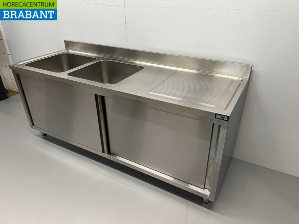 RVS Spoeltafel dubbele spoelbakken 2 schuifdeuren Premium-line 200 cm Horeca - Afbeelding 3