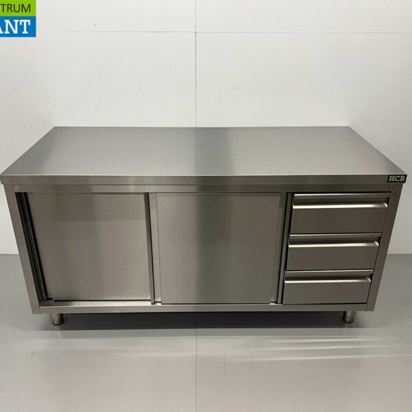 RVS Werkkast Kast Werktafel Premium-line 2 schuifdeuren en 3 laden 160 cm Horeca
