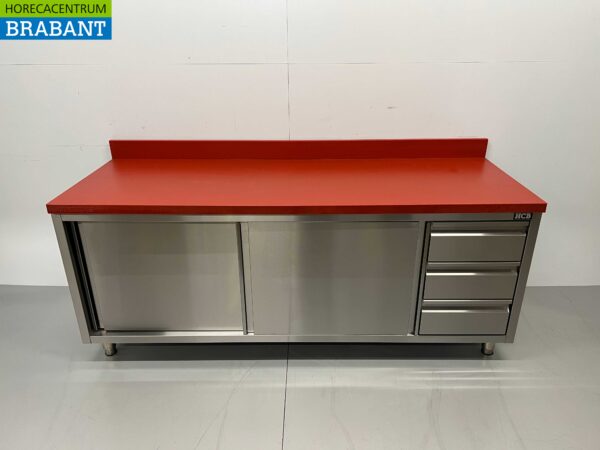 RVS Polyethyleen PE Werkkast Kast Snijtafel Premium-line 2 schuifdeuren 3 laden 200 cm Horeca Slagerij