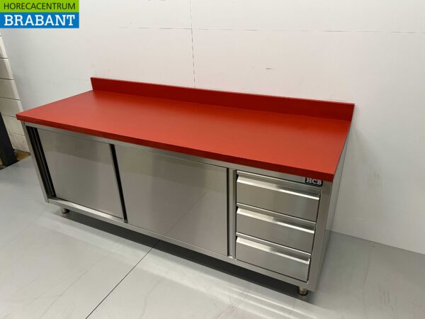 RVS Polyethyleen PE Werkkast Kast Snijtafel Premium-line 2 schuifdeuren 3 laden 200 cm Horeca Slagerij - Afbeelding 2