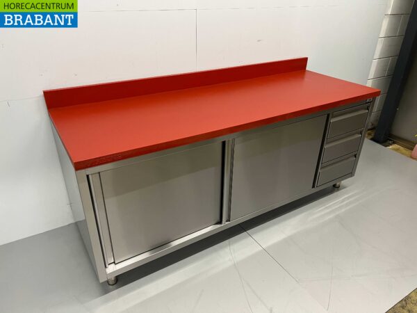 RVS Polyethyleen PE Werkkast Kast Snijtafel Premium-line 2 schuifdeuren 3 laden 200 cm Horeca Slagerij - Afbeelding 3