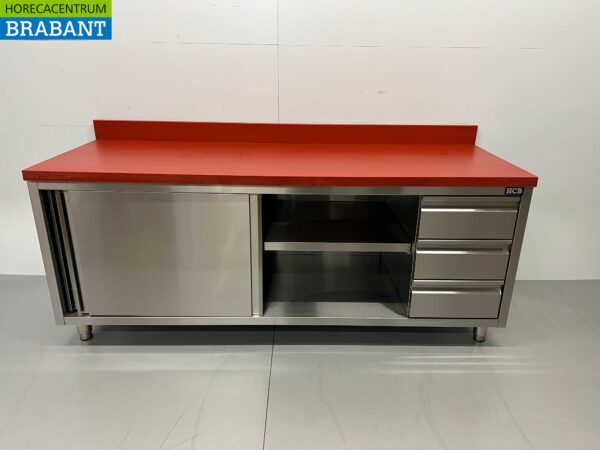 RVS Polyethyleen PE Werkkast Kast Snijtafel Premium-line 2 schuifdeuren 3 laden 200 cm Horeca Slagerij - Afbeelding 4