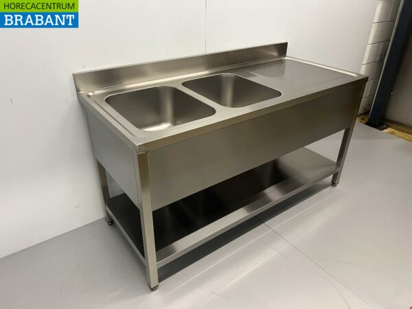 RVS Spoeltafel dubbele spoelbakken Premium-line Gelast model 160 cm Horeca - Afbeelding 2