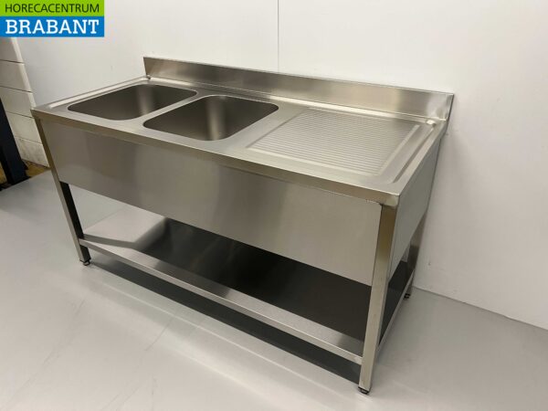 RVS Spoeltafel dubbele spoelbakken Premium-line Gelast model 160 cm Horeca - Afbeelding 3