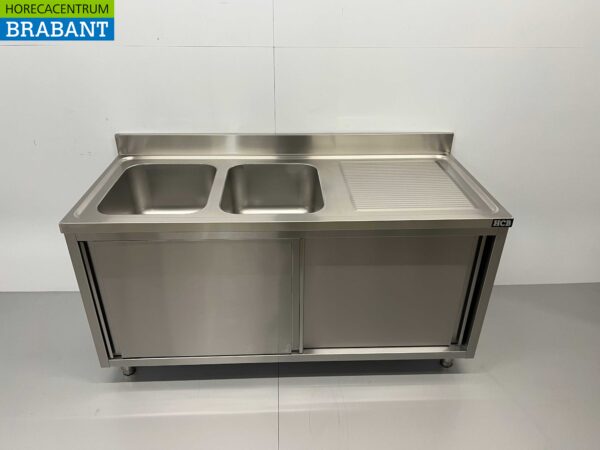 RVS Spoeltafel Dubbele Spoelbakken 2 schuifdeuren Premium-line 160 cm Horeca