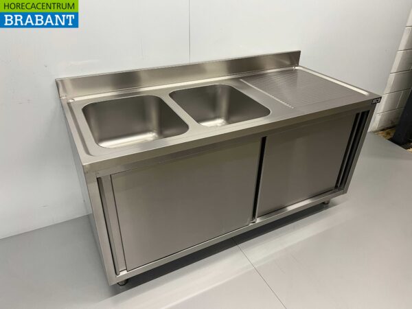 RVS Spoeltafel Dubbele Spoelbakken 2 schuifdeuren Premium-line 160 cm Horeca - Afbeelding 2