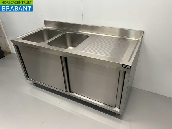 RVS Spoeltafel Dubbele Spoelbakken 2 schuifdeuren Premium-line 160 cm Horeca - Afbeelding 3