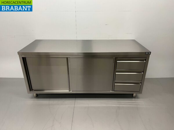 RVS Werkkast Kast Werktafel Premium-line 2 schuifdeuren en 3 laden 180 cm Horeca