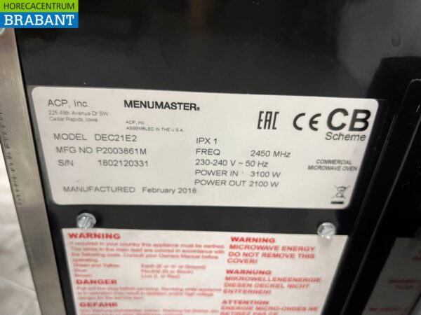 RVS Menumaster DEC21E2 Magnetron 2100 watt 230V Horeca - Afbeelding 5