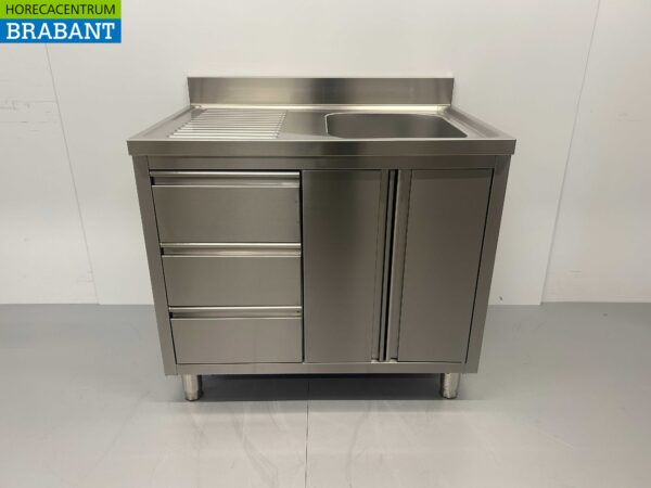 RVS Spoeltafel Spoelbak klapdeuren en laden 100 cm Horeca