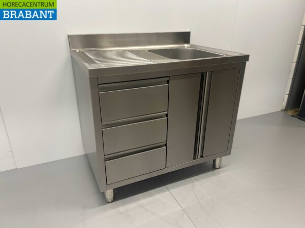 RVS Spoeltafel Spoelbak klapdeuren en laden 100 cm Horeca - Afbeelding 2