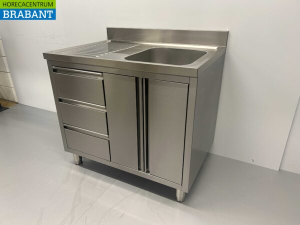 RVS Spoeltafel Spoelbak klapdeuren en laden 100 cm Horeca - Afbeelding 3