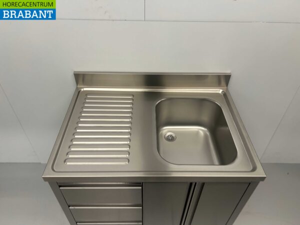 RVS Spoeltafel Spoelbak klapdeuren en laden 100 cm Horeca - Afbeelding 4