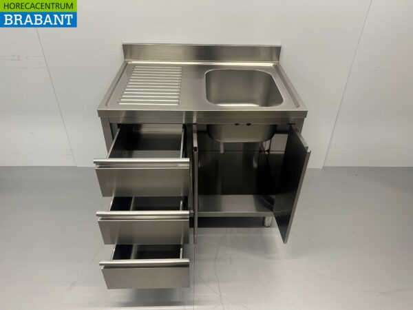 RVS Spoeltafel Spoelbak klapdeuren en laden 100 cm Horeca - Afbeelding 5