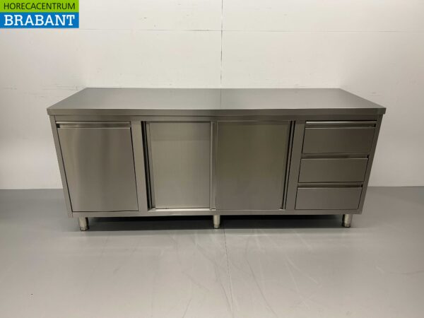 RVS Werkkast Kast Werktafel 2 schuifdeuren en 3 laden en afvalbak 200 cm Horeca