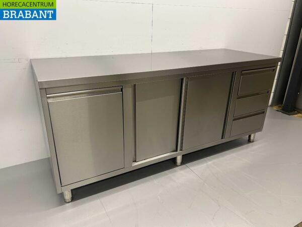 RVS Werkkast Kast Werktafel 2 schuifdeuren en 3 laden en afvalbak 200 cm Horeca - Afbeelding 3