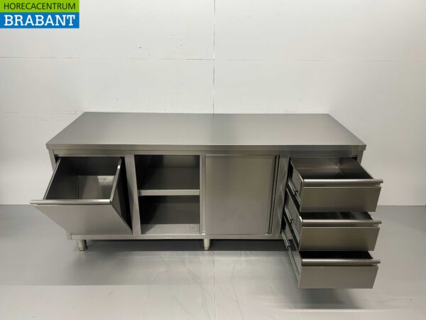 RVS Werkkast Kast Werktafel 2 schuifdeuren en 3 laden en afvalbak 200 cm Horeca - Afbeelding 4