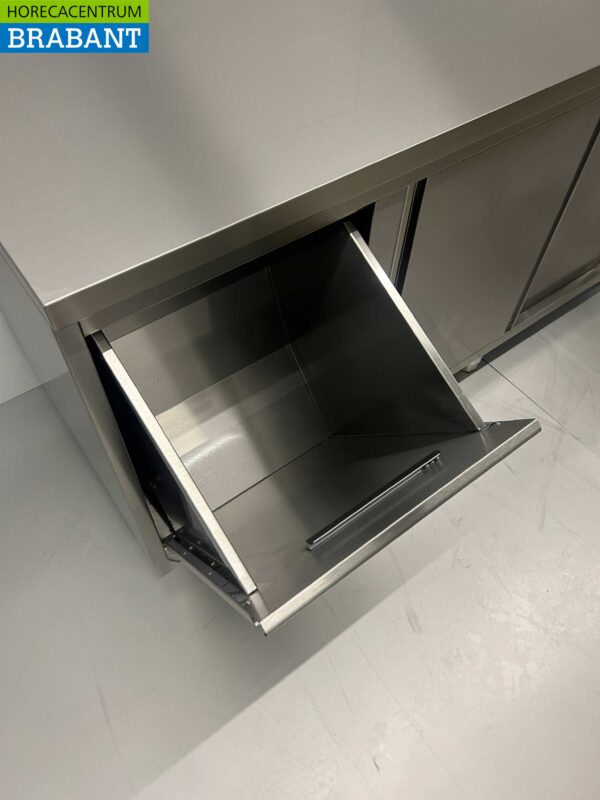 RVS Werkkast Kast Werktafel 2 schuifdeuren en 3 laden en afvalbak 200 cm Horeca - Afbeelding 5
