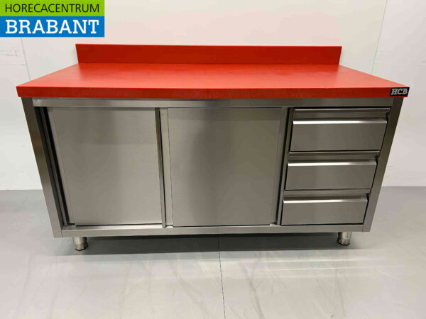 RVS HCB Premium-line Polyethylene PE Werkkast Kast Snijtafel 2 schuifdeuren 3 laden 150 cm Horeca Slagerij