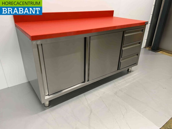 RVS HCB Polyethylene PE Werkkast Kast Snijtafel 2 schuifdeuren 3 laden 160 cm Horeca Slagerij - Afbeelding 3