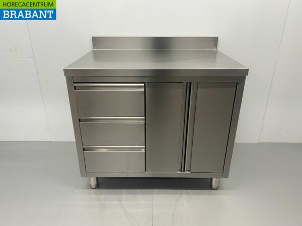 RVS Werkkast Kast Werktafel 2 klapdeuren en 3 laden 100 cm Horeca