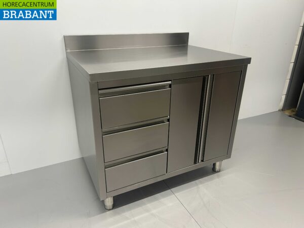 RVS Werkkast Kast Werktafel 2 klapdeuren en 3 laden 100 cm Horeca - Afbeelding 2