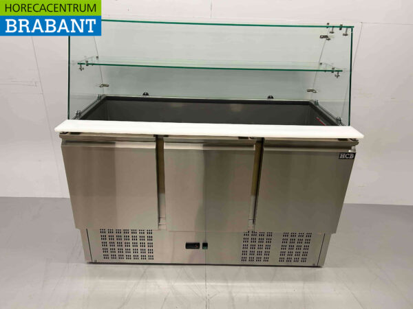 HCB RVS Saladette Koelwerkbank 3 deuren 1/1 GN met glasopbouw 137 cm 230V Horeca