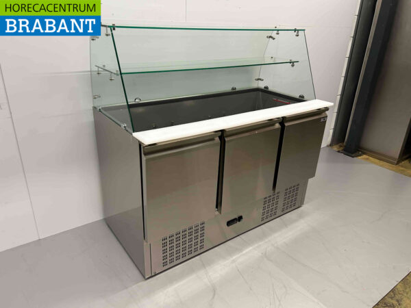 HCB RVS Saladette Koelwerkbank 3 deuren 1/1 GN met glasopbouw 137 cm 230V Horeca - Afbeelding 2