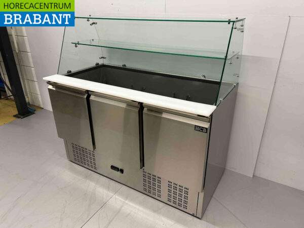 HCB RVS Saladette Koelwerkbank 3 deuren 1/1 GN met glasopbouw 137 cm 230V Horeca - Afbeelding 3