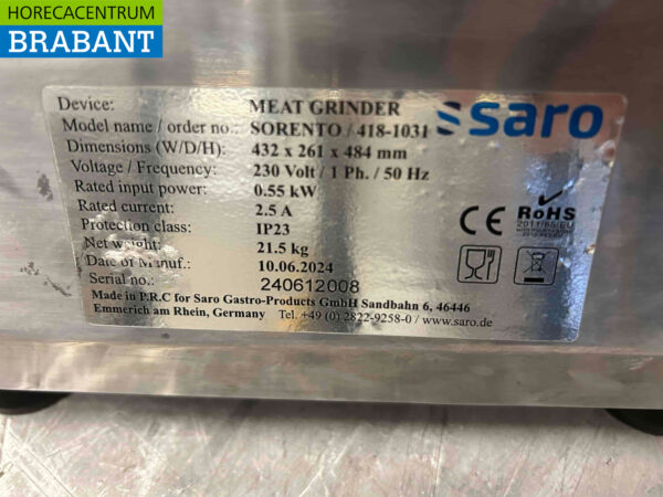 RVS Saro Gehaktmolen Vleesmolen Vleeswolf 100 kg per uur 230V Slagerij Horeca - Afbeelding 5