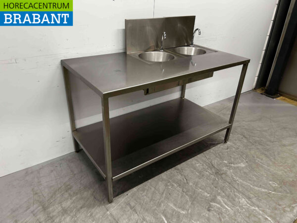 RVS Spoeltafel Spoelbak dubbele spoelbak 132,5 cm Horeca - Afbeelding 2