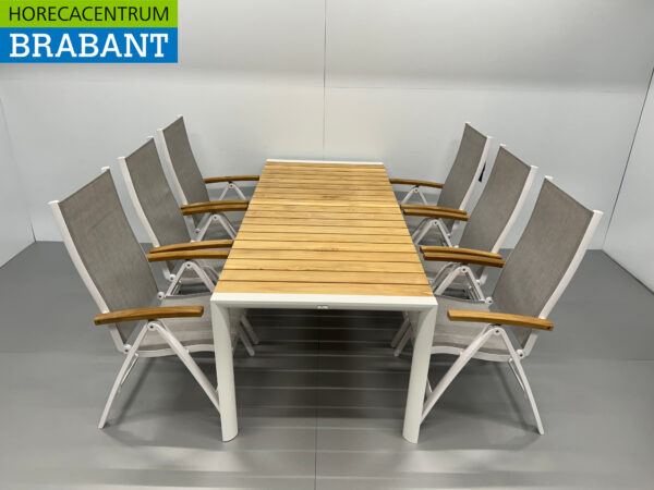 Best Freizeitmöbel Terras set eettafel met 6 klapstoelen Wit Teakhout Horeca - Afbeelding 2