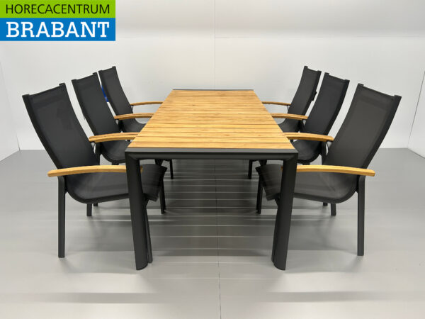 Best Freizeitmöbel Terras set eettafel met 6 stoelen Antraciet Teakhout Horeca