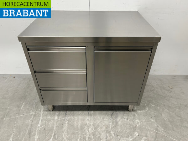 RVS Werkkast Kast Werktafel Afvalbak en 3 laden 100 cm Horeca