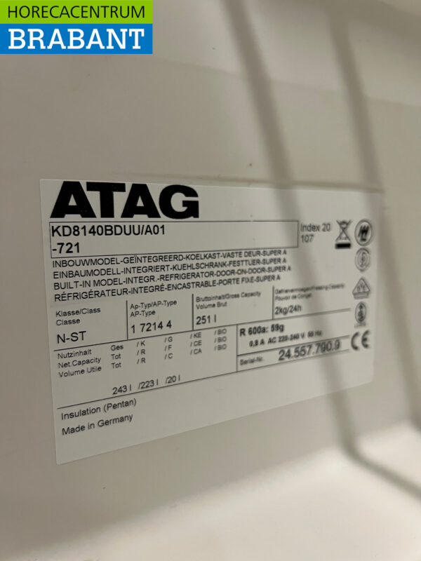 Atag inbouw Koeling Koelkast Vriesvak 251 liter 230V Horeca - Afbeelding 6