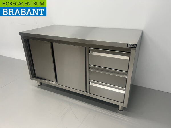 RVS Werkkast Premium-line Kast Werktafel 2 schuifdeuren en 3 laden 140 cm Horeca - Afbeelding 2
