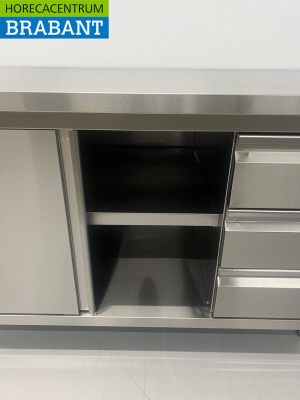 RVS Werkkast Premium-line Kast Werktafel 2 schuifdeuren en 3 laden 140 cm Horeca - Afbeelding 4